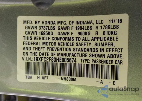 2017 Honda Civic Ex z USA, uszkodzony, nr VIN 19XFC2F83HE005674